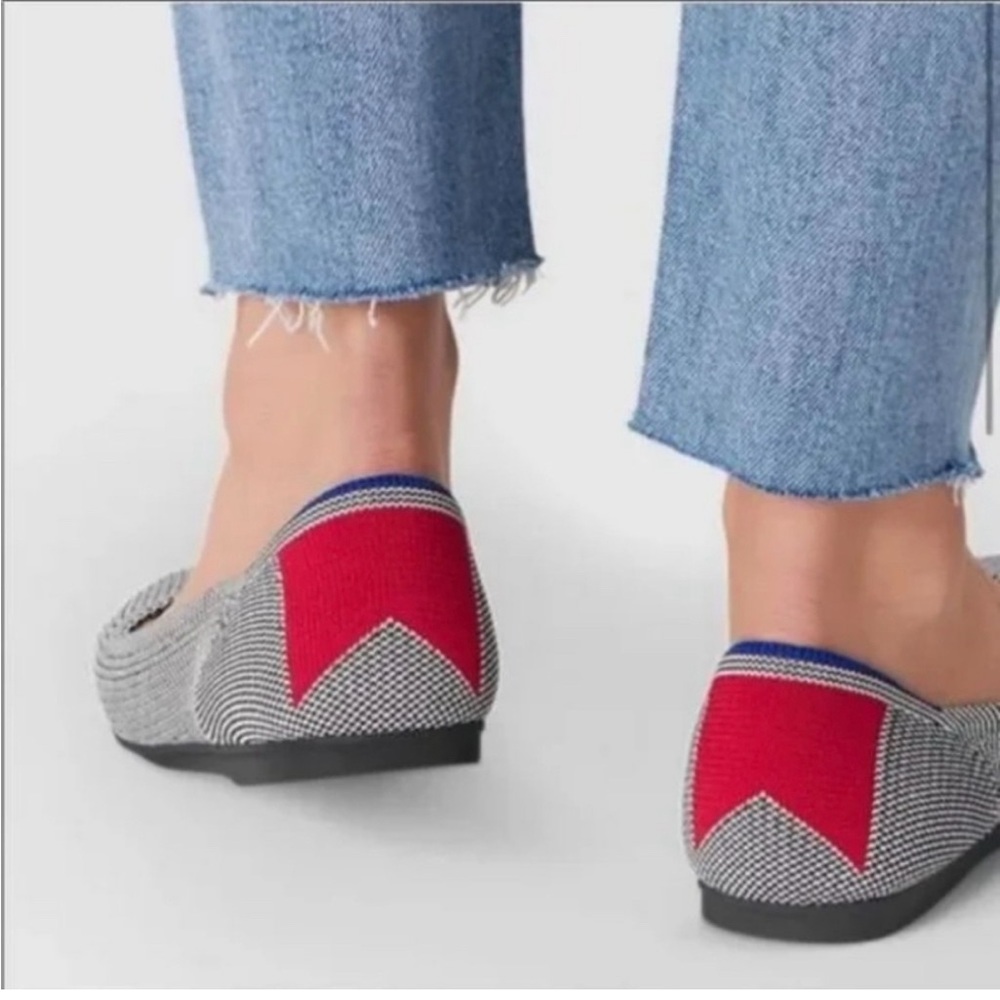 Rothy’s Round Toe Grey Flat with Red Ribbon Heel